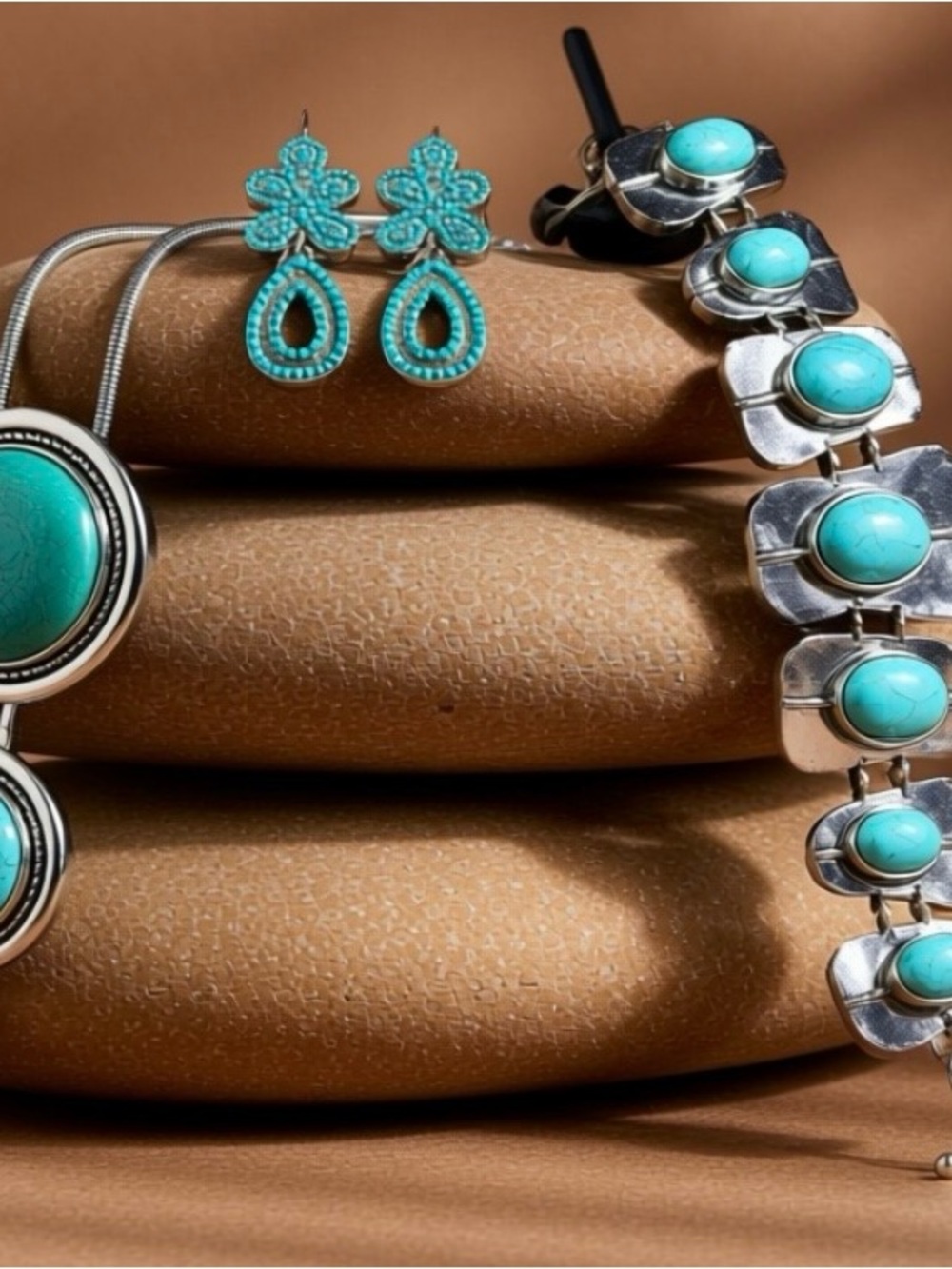 Turquoise Stone Silver Bracelet and Matching Earrings Set
